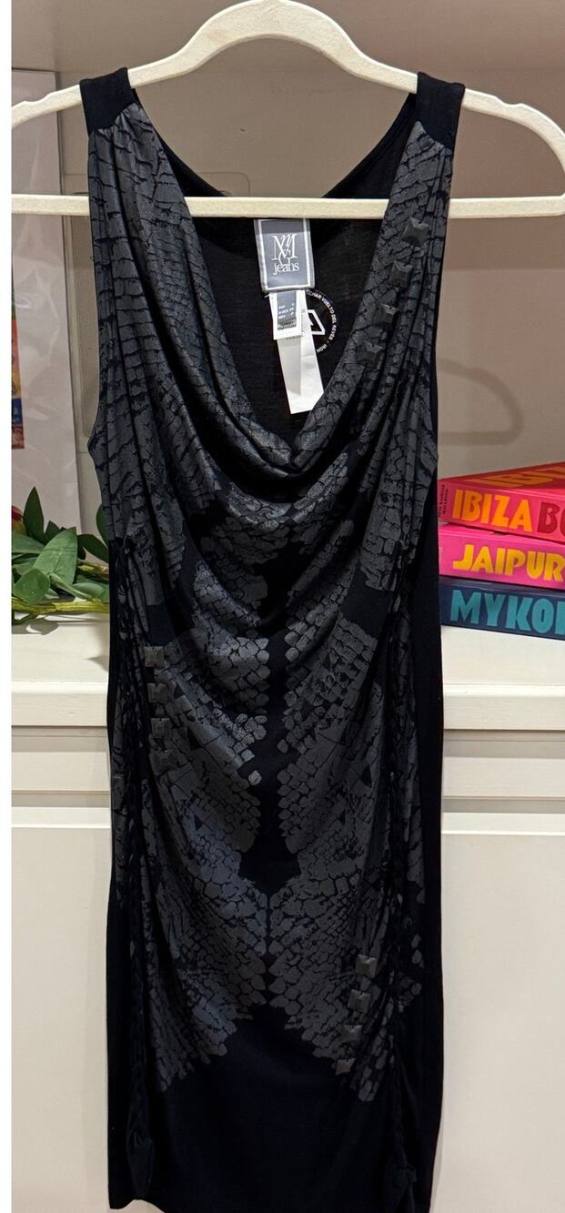 MNG Jeans Black Snakeskin Print Studded Cowl Neck Bodycon Mini Dress XS NWT